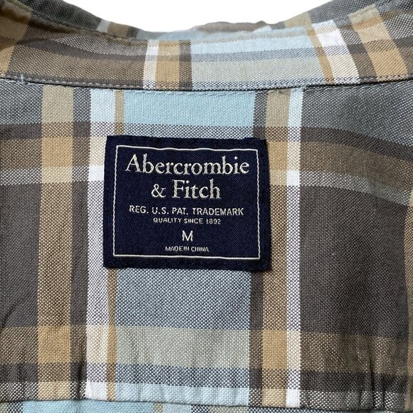 ABERCROMBIE & FITCH Mens Shirt Light Blue Tan Plaid Long Sleeve Cotton Button up - Picture 11 of 12